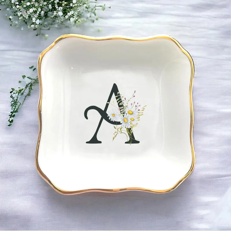 Bouquet A-Z Text Plate Exquisite and Cute Tableware Beautiful Cartoon Plate Ceramic Oval Dessert