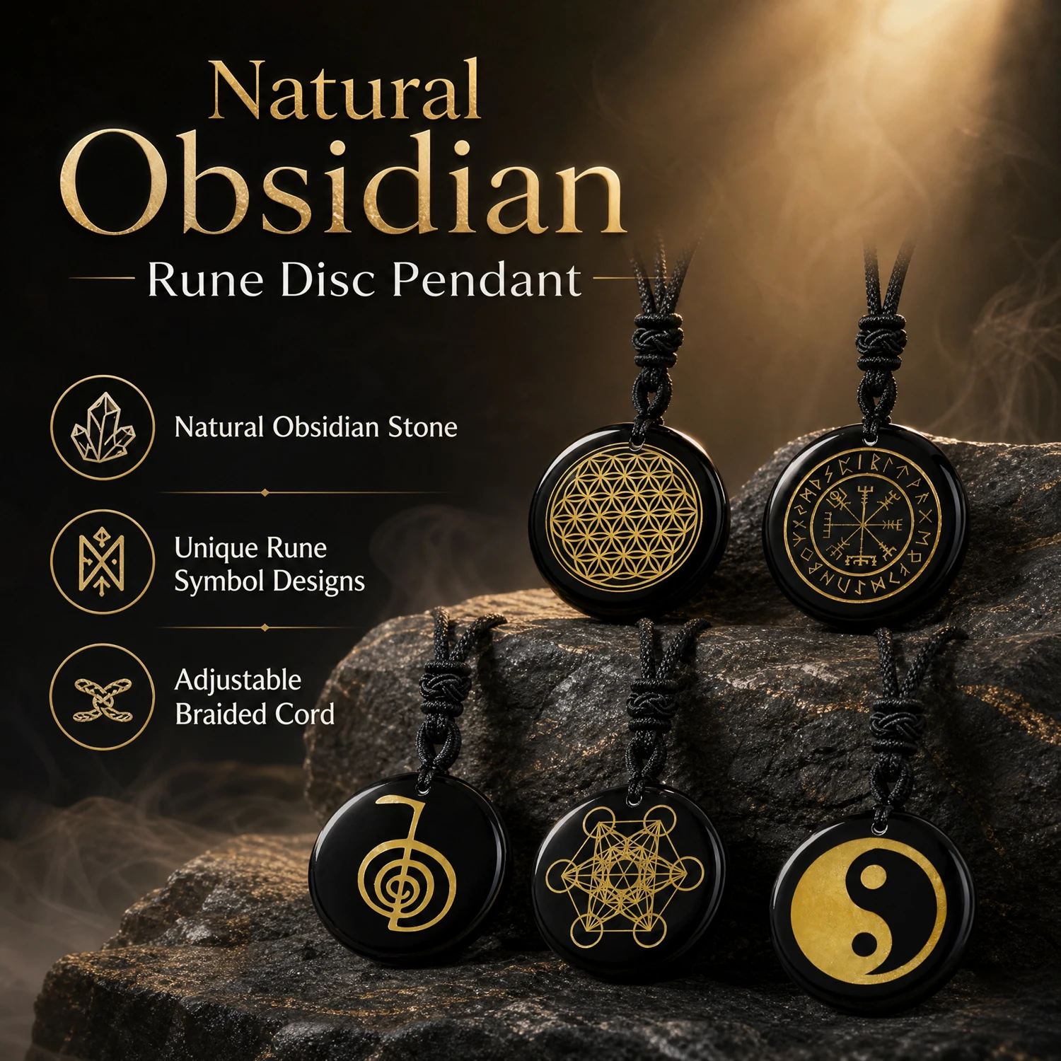 Chinese Amulet Energy Divination Exorcism Reiki Chakra Rune Symbol Healing Pendant Protection Talisman Obsidian Jewelry Necklace