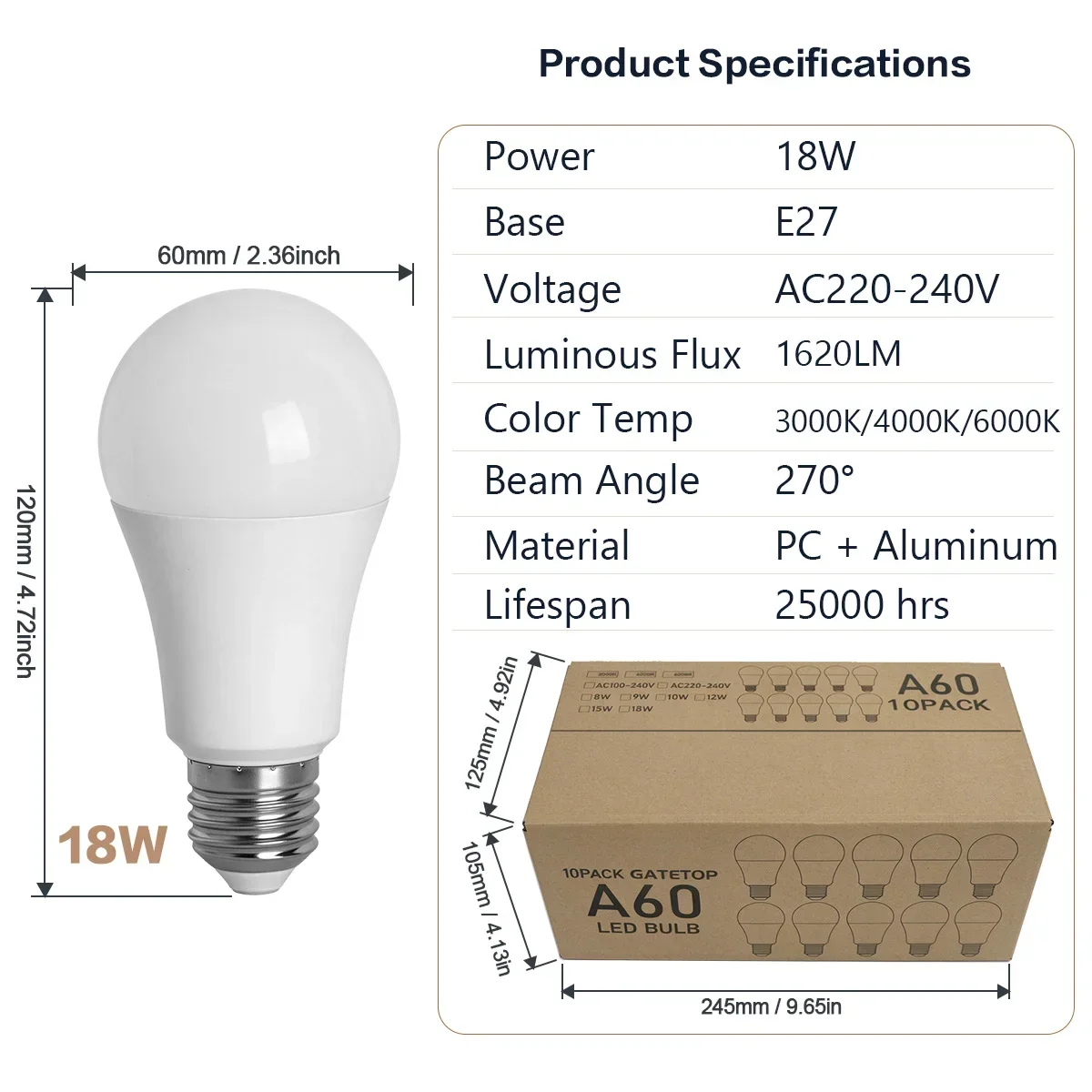 10Pack 18W  E27 LED Bulb Energy Saving High Power 1620LM AC220-240V 3 Color Options 3000K/4000K/6000K Home Indoor Lamp