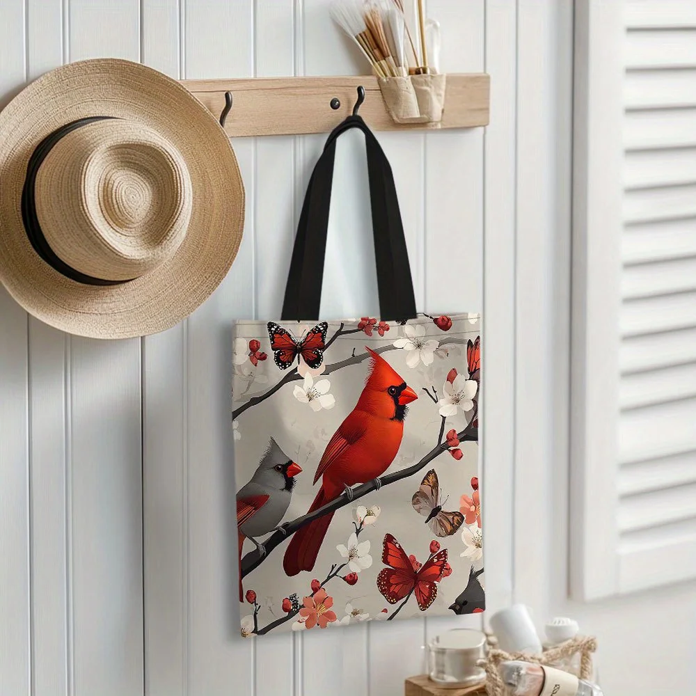 1pc Stylish Red Cardinals Tote Bag for Women Handbag Reusable Durable Shoulder Bag Cardinal Birds Cherry Blossoms Shopping Bags
