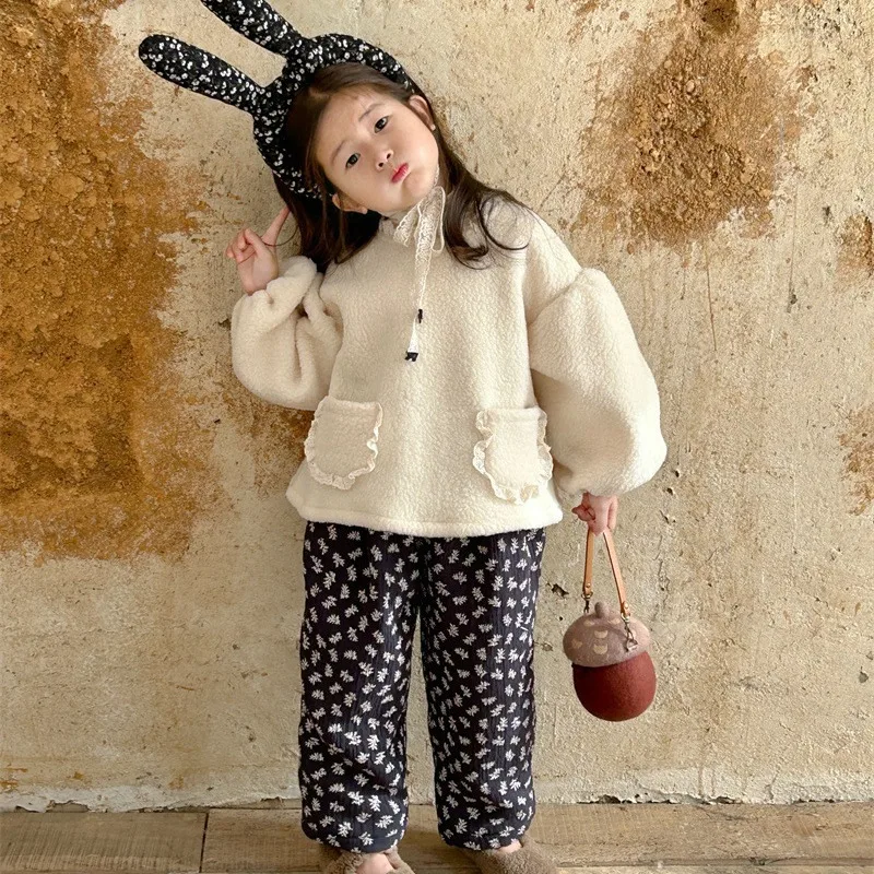 Girls Clothing 2023 Winter New Korean Style Lamb Wool Fleece Thickened Hoodie with Puffed Sleeves Casual Warm Cute Hoodie