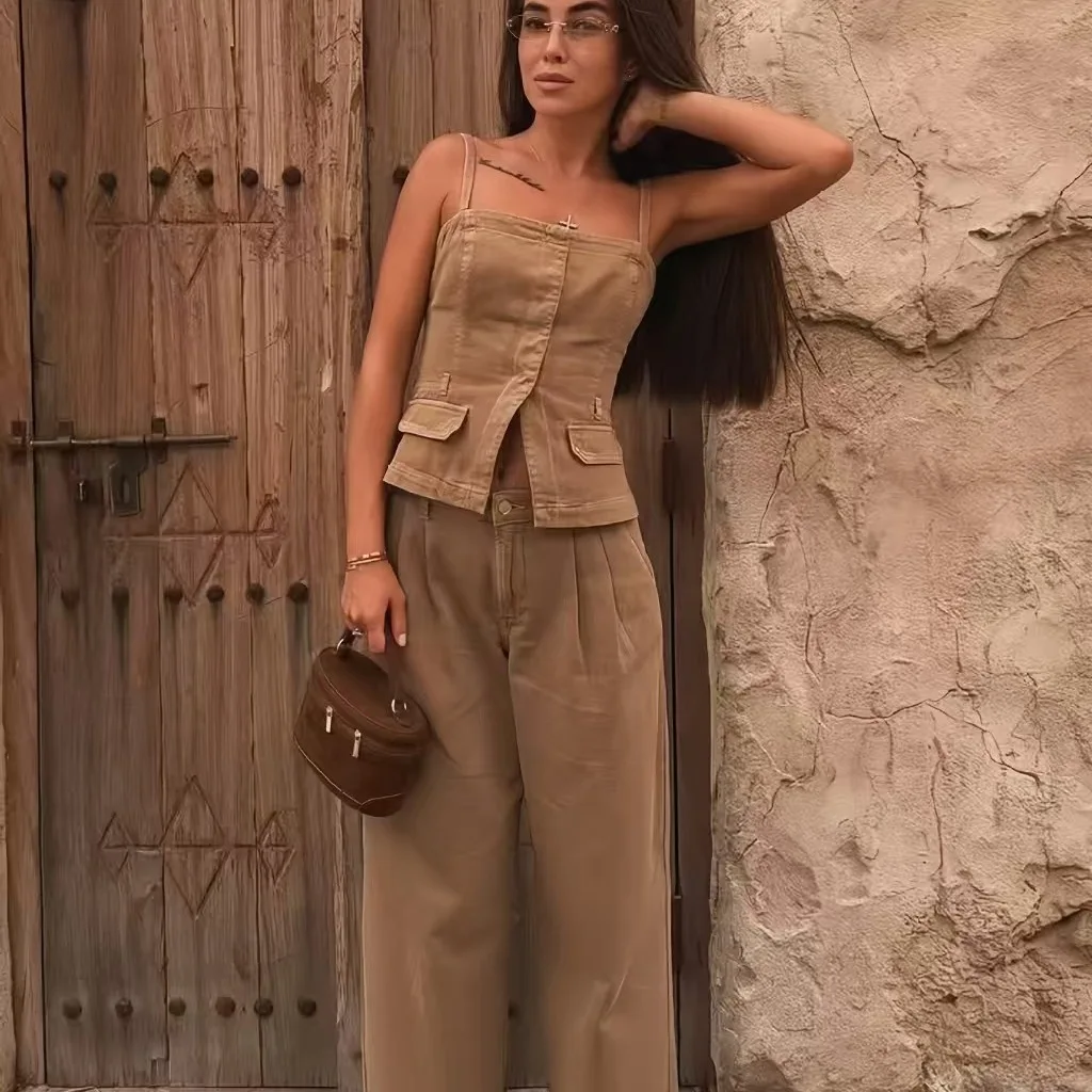 Pure Color Denim Halter Top And Trousers Fashionable Versatile Women's Clothing ZR Style Summer Autumn Spring Seasonal Wear