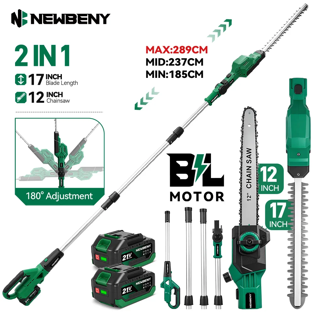 NEWBENY 289CM Elektrische Kettensäge mit Teleskopstange 2 IN 1 Hochstamm-Heckenschere Kabelloses Garten-Elektrowerkzeug-Set für Makita 18V-21V Akku
