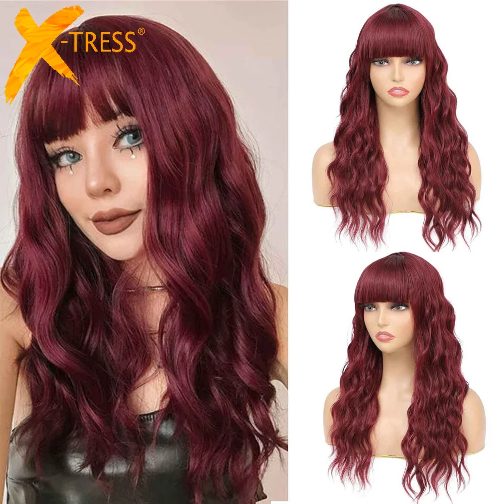 

X-TRESS Synthetic Ginger Red Wavy Wig with Air Bangs 20 Inch Hair Wave Curly Cosplay Wig for Girls Gift Daily Use Colorful Wigs