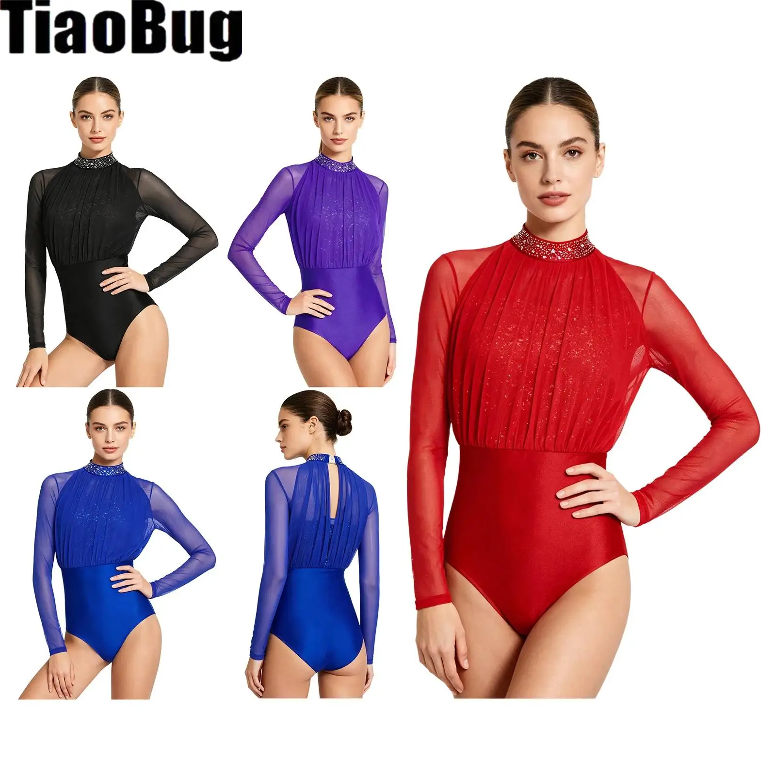 

Women Sequin Jazz Ballet Leotards Jumpsuits Long Sleeve Mesh Overlay Buttoned Crotch Bodice Figure Skating Bodysuit Dancewear