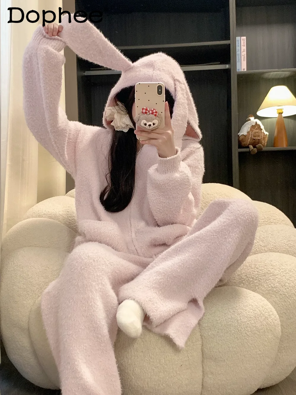 

Милая девушка в японском стиле Ins, полуфлисовая пижама с милым кроликом для женщин, новинка 2025, зимняя носимая домашняя одежда с капюшоном