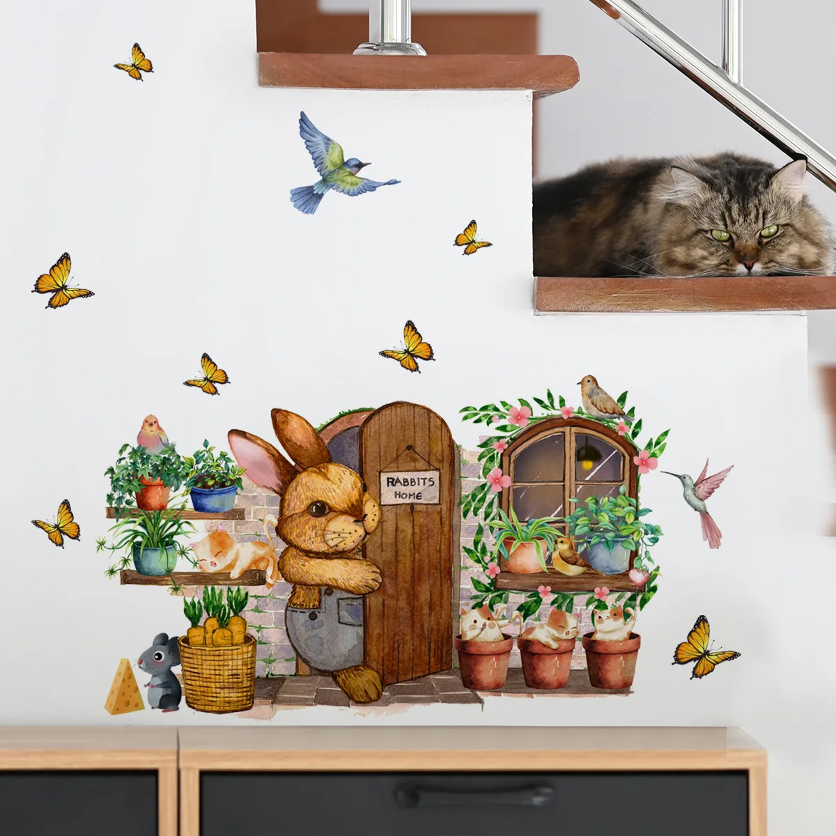 30*45cm Bunny Potted Butterfly Cartoon Animal Wall Sticker Living Room Bedroom Study Restaurant Decorative Mural Wall Sticker