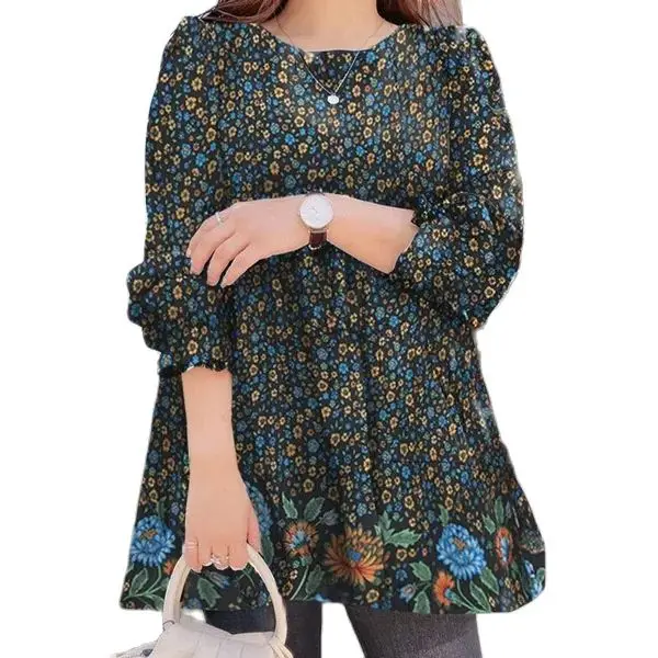 2023 Autumn Winter Womens Blouse Round Neck Fashion Ruffled Shirt Casual Loose Floral Print Top Femme Bubble Sleeve Pullover