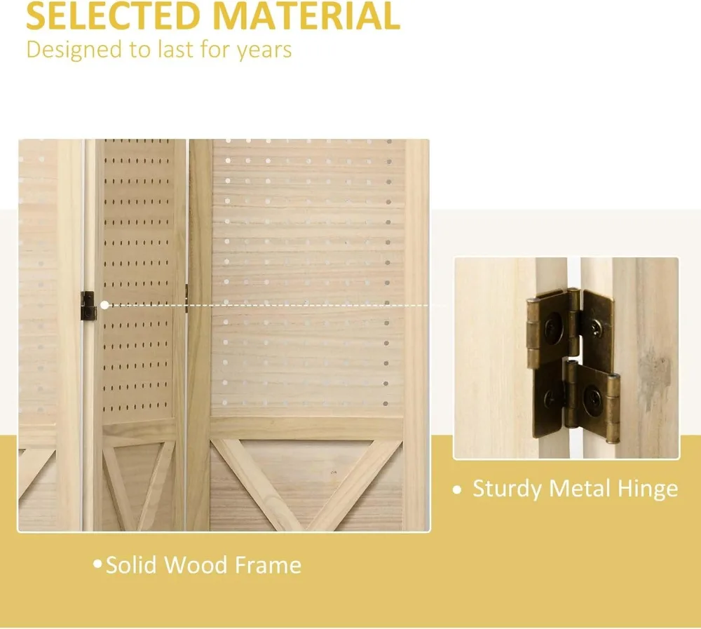 مقسم غرفة خشبي قابل للطي مكون من 4 ألواح مع لوح بيجبورد، شاشة خصوصية للمكتب المنزلي، لمسة نهائية طبيعية #4