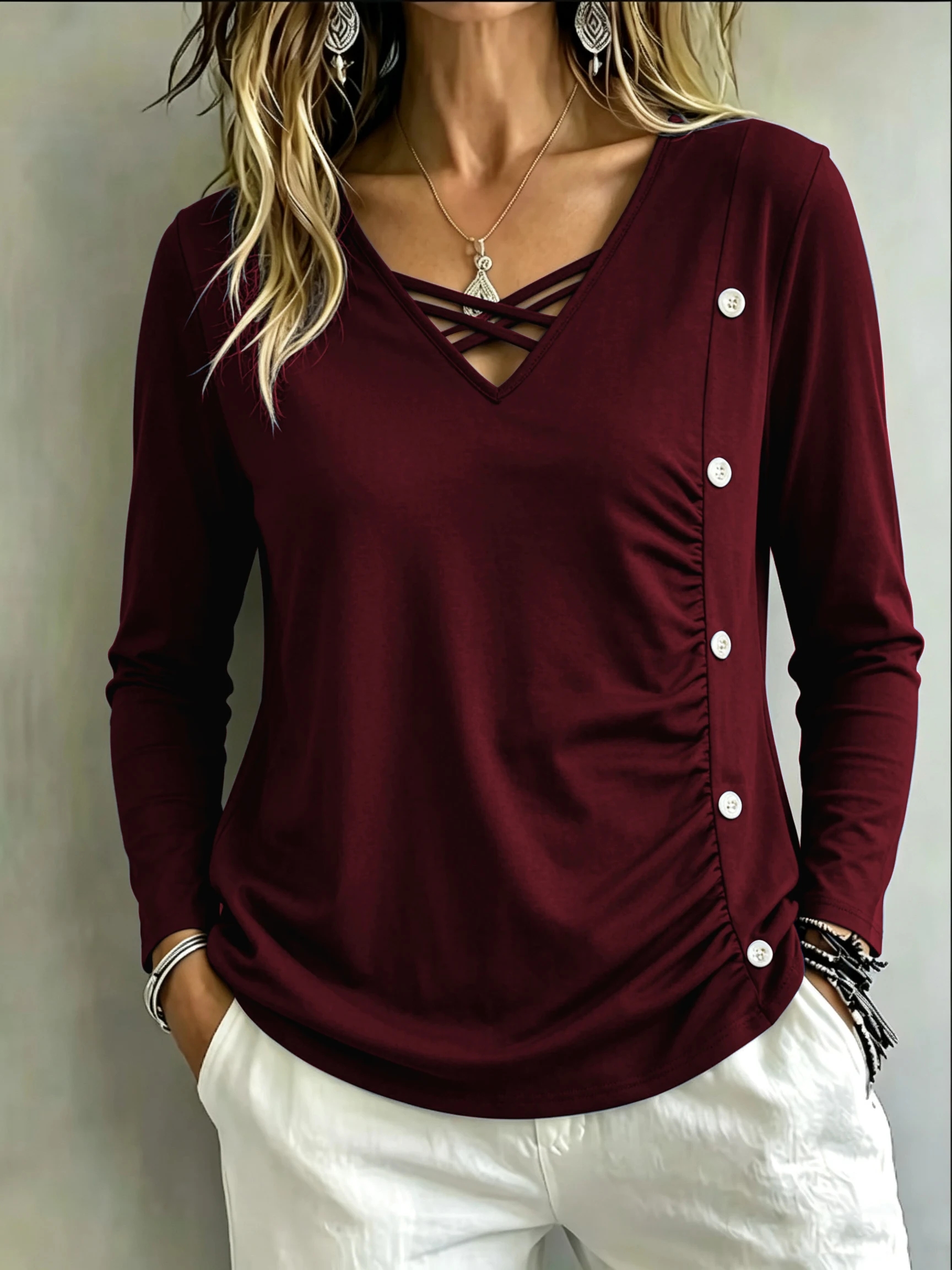Plus Size Women's Long Sleeve Knit T-Shirt with Cross Strap & Button Detail, Solid Color Fall Winter Fashion Top