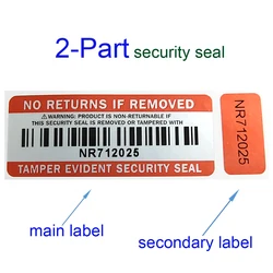 100 Pairs  2-part NO RETURNS IF REMOVED TAMPER EVIDENT SECURITY SEAL Non-returnable Warning Sticker Double Numbered Labels