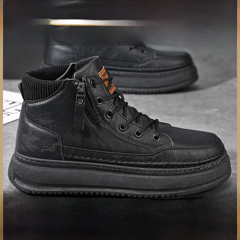 

Мужские повседневные высокие ботинки в британском стиле для работы и отдыха, зимние, модные, молодежные, на молнии, из полиуретана