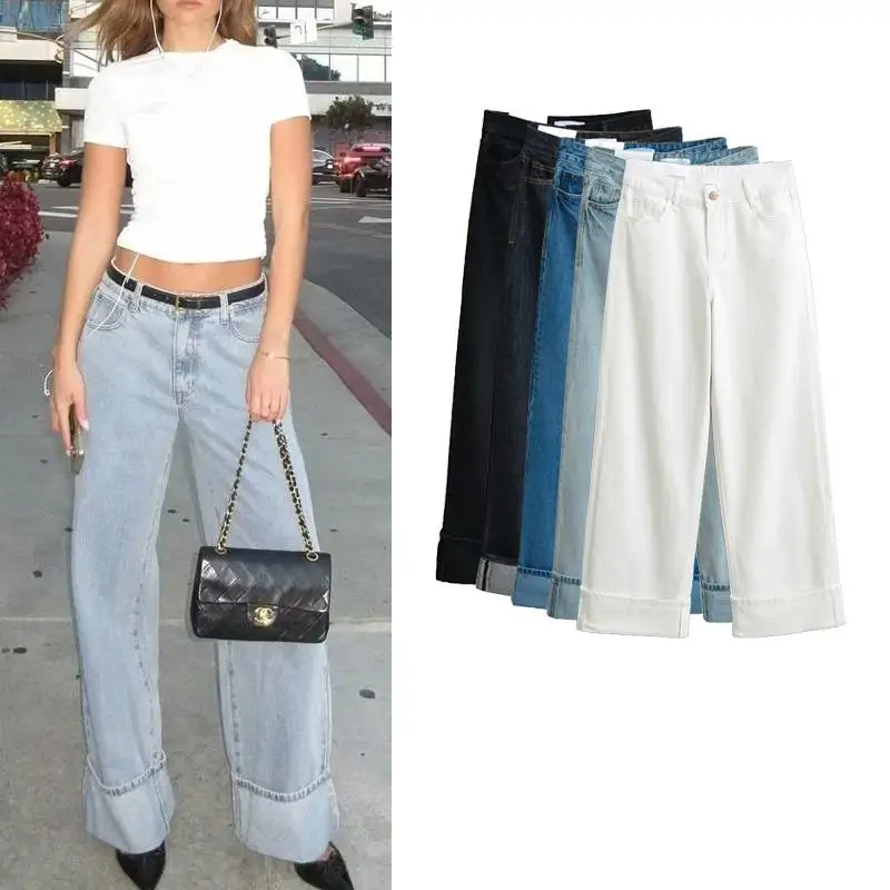 

Осень-зима, Новое поступление, винтажные брюки с яичным рулетом, прямые широкие джинсы со средней талией и манжетами, брюки длиной до пола