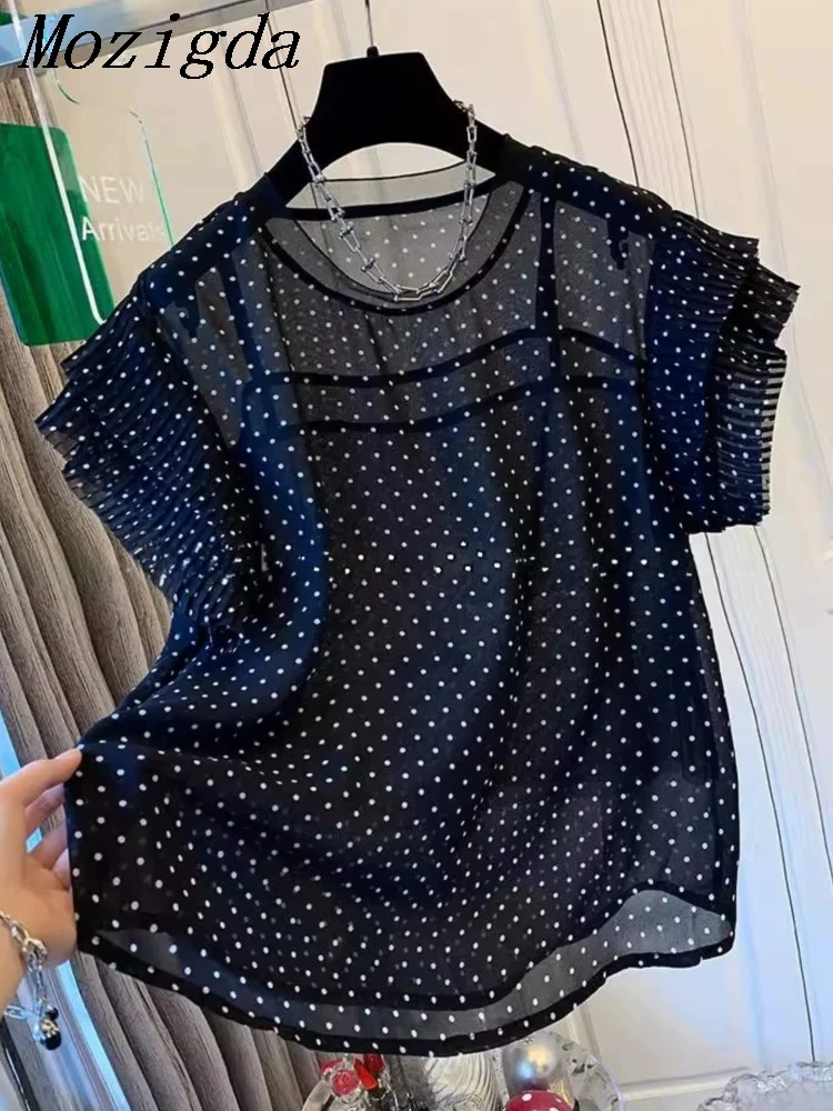 

Summer Polka Lace Short Sleeved Shirt Chiffon Shirt Loose And Thin Lades Tops Women's New Style
