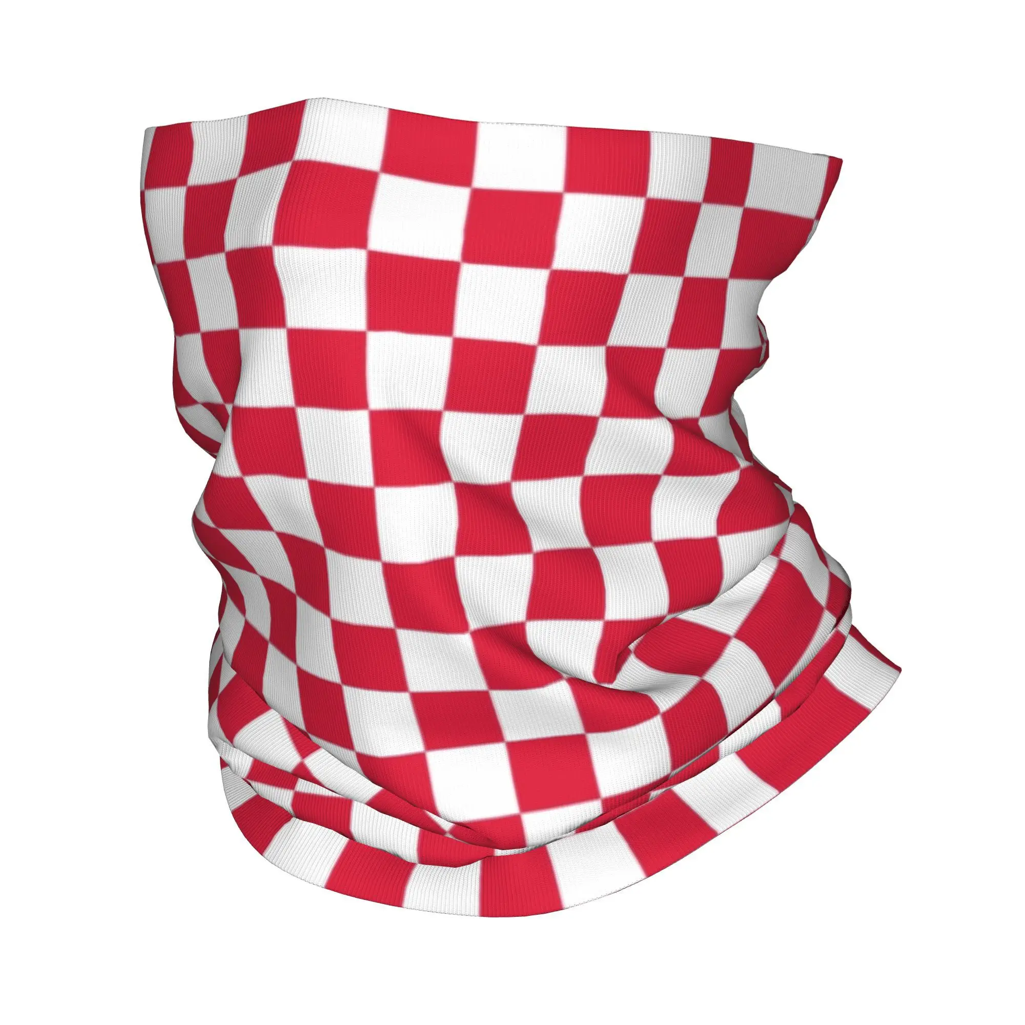 Custom White and Crimson Red Checkerboard Bandana Winter Neck Warmer Wrap Face Scarf for Hiking Plaid Geometric Gaiter Headband