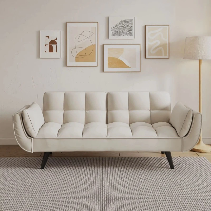Beige sofa bed with two soft armrests and comfortable throw pillows