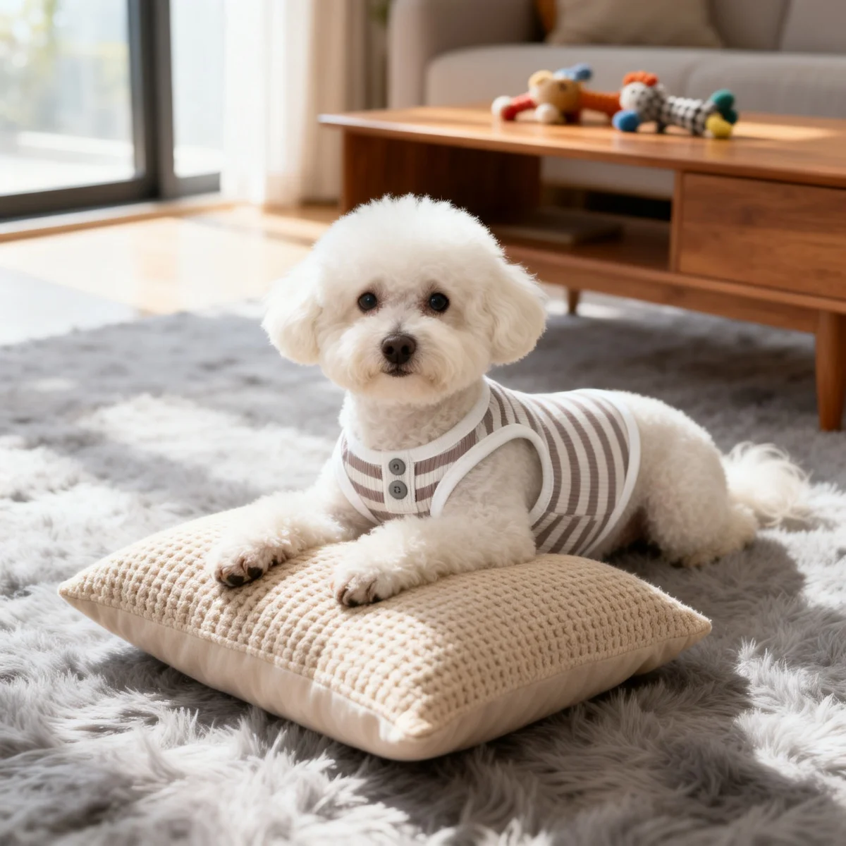 Gestreiftes Waffelstrick-Hundetop - Ärmellose Haustierweste mit Knopfdetail für Kleine Rassen – Detail 1