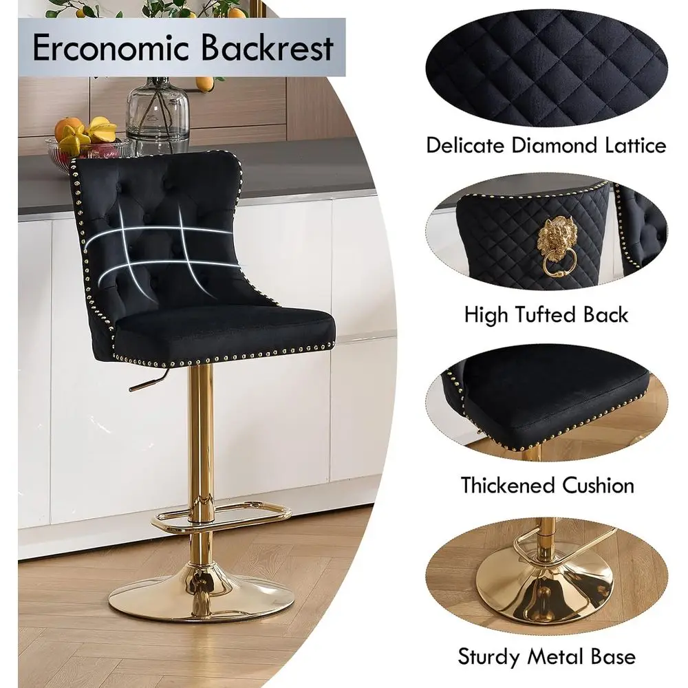 Conjunto de 4 bancos de bar giratórios de veludo com anel de leão e encosto alto capitoné para ilha de cozinha e café, preto moderno