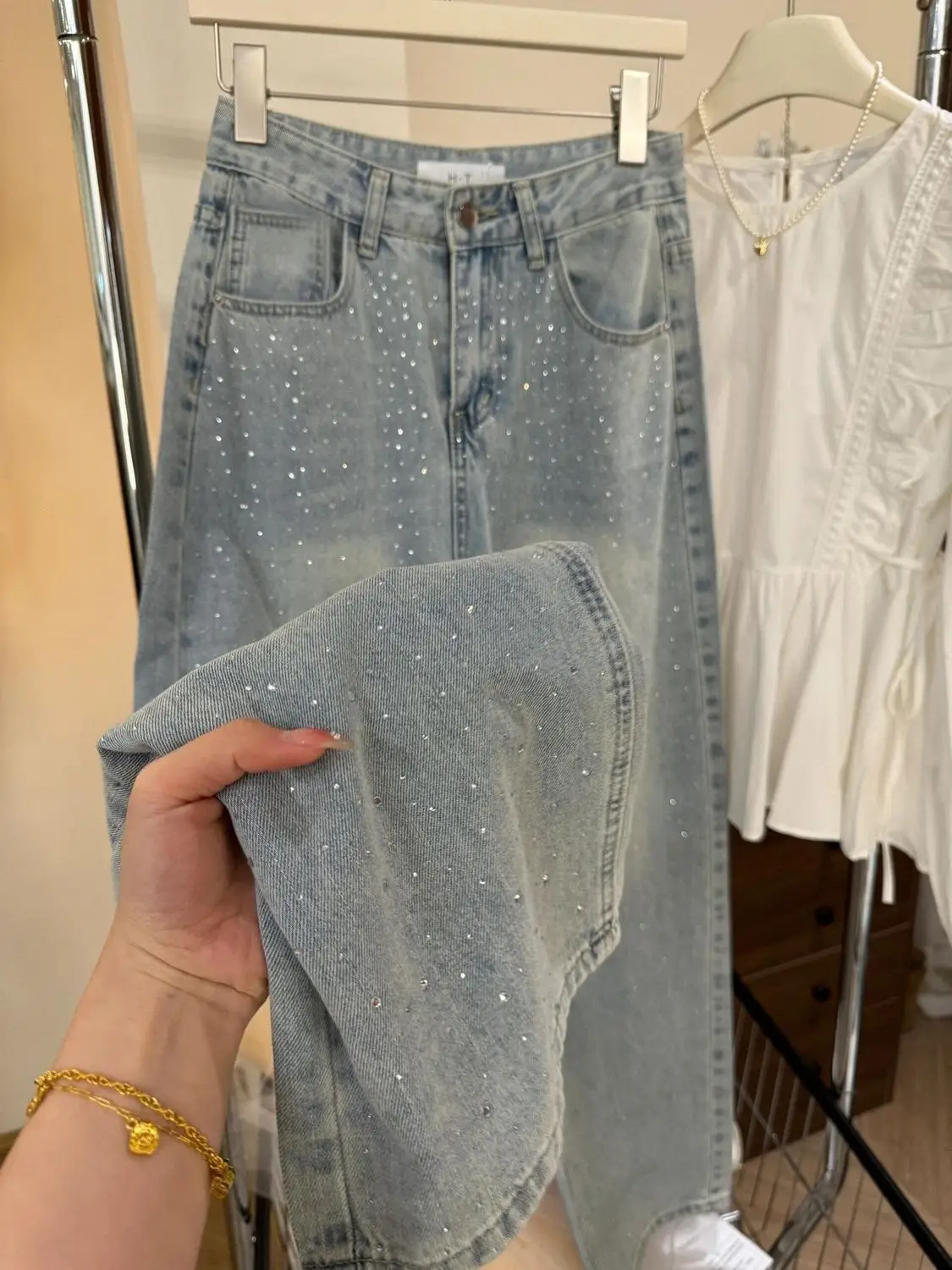 Shiny Diamond Embellished High Waist Wide Leg Jeans Women's Fashionable Slimming Straight Cut Denim Pants Summer Casual Cotton