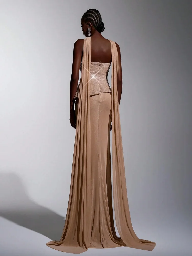 Nude Strapless Wavy Peplum Corset Mermaid Prom Dress Long Sheer Chiffon Cape Train Floor Length Formal Evening Maxi Gown view 2
