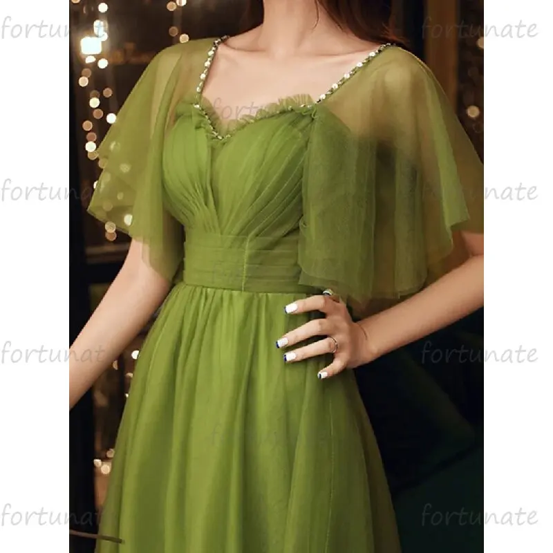 Sweetheart Graduation Holidays Dresses Green Tulle A-Line Homecoming Half Sleeve Spaghetti Straps Ankle Length Party Prom Gown