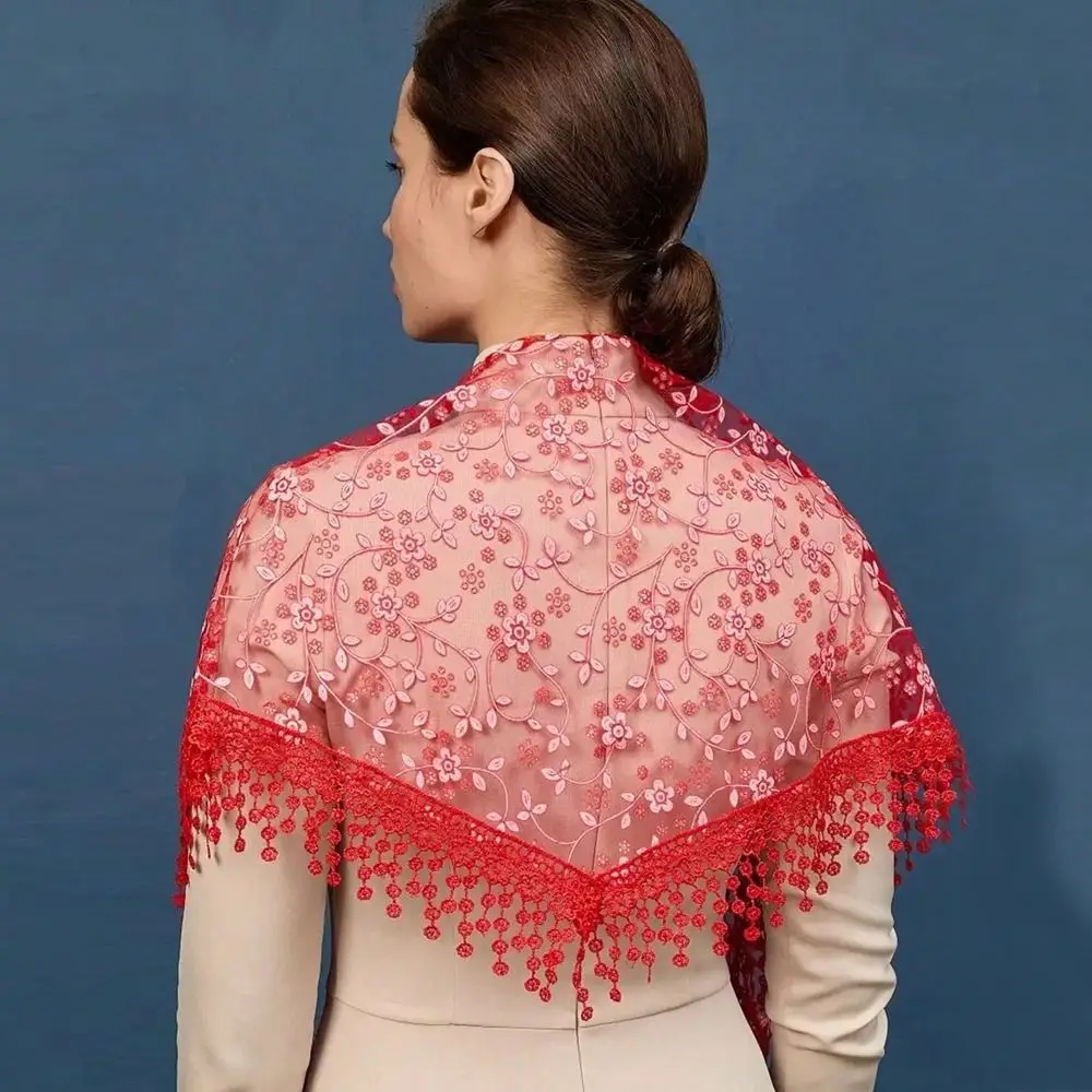 Elegant Floral Printed Lace Triangle Scarf Embroidered Transparent Veil Headband Breathable Thin Lace Shawl Travel