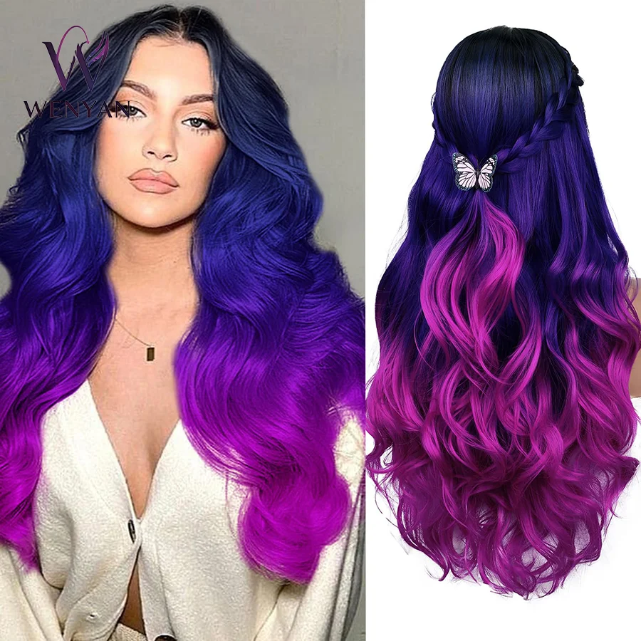 26 Inch Ombre Purple Wig Rainbow 3 Tone Purple Wigs Curly Colored Wigs Dark Root, Heat Resistant,Synthetic