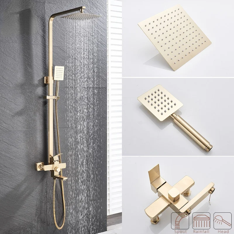 Brushed Gold Shower Faucet Set Bathroom Wall 