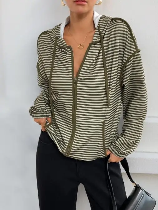 Women's Jacket Fashion 2025 New Autumn Winner Commuting Date Korean Style Lazy Style Hooded Striped Casual Jacket