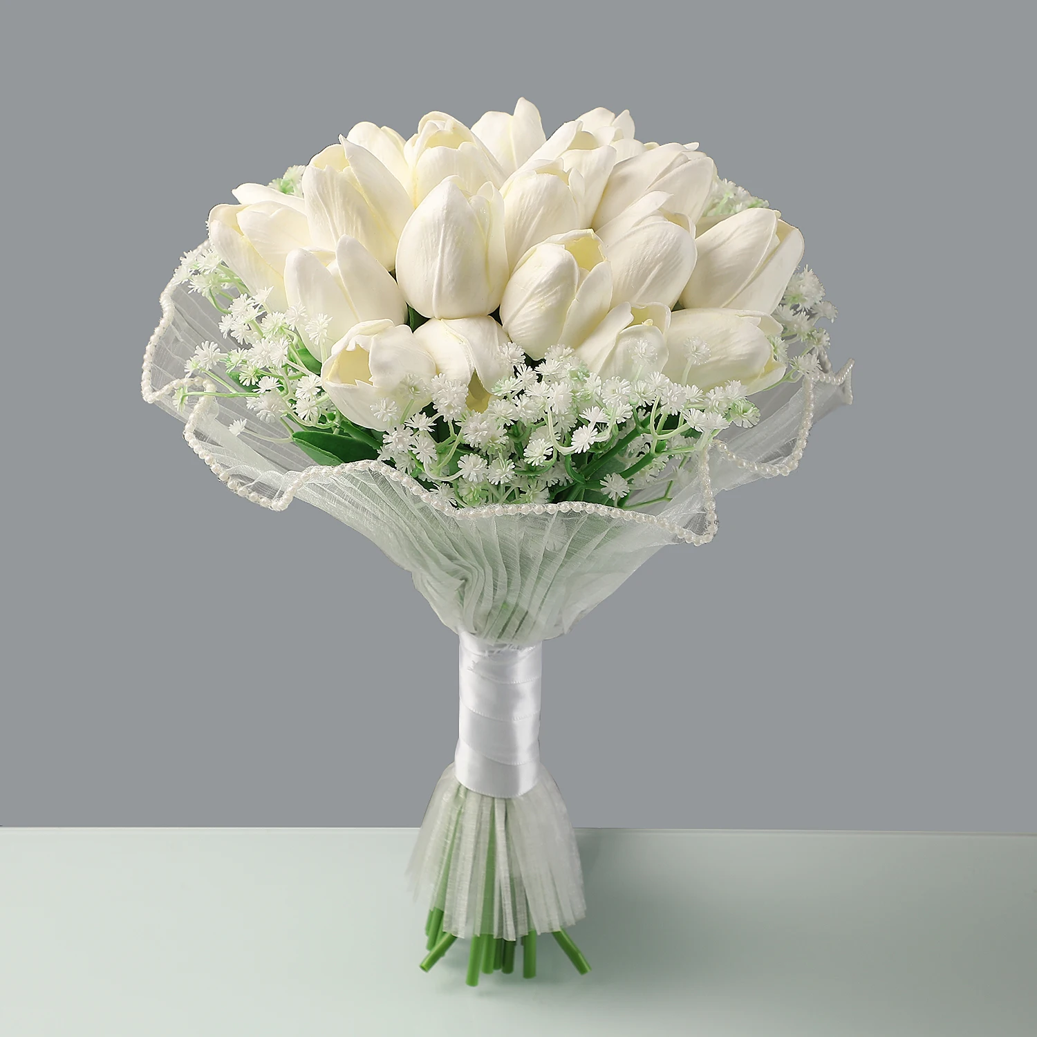 Minimalist White Tulip Bridal Bouquet with Baby's Breath for