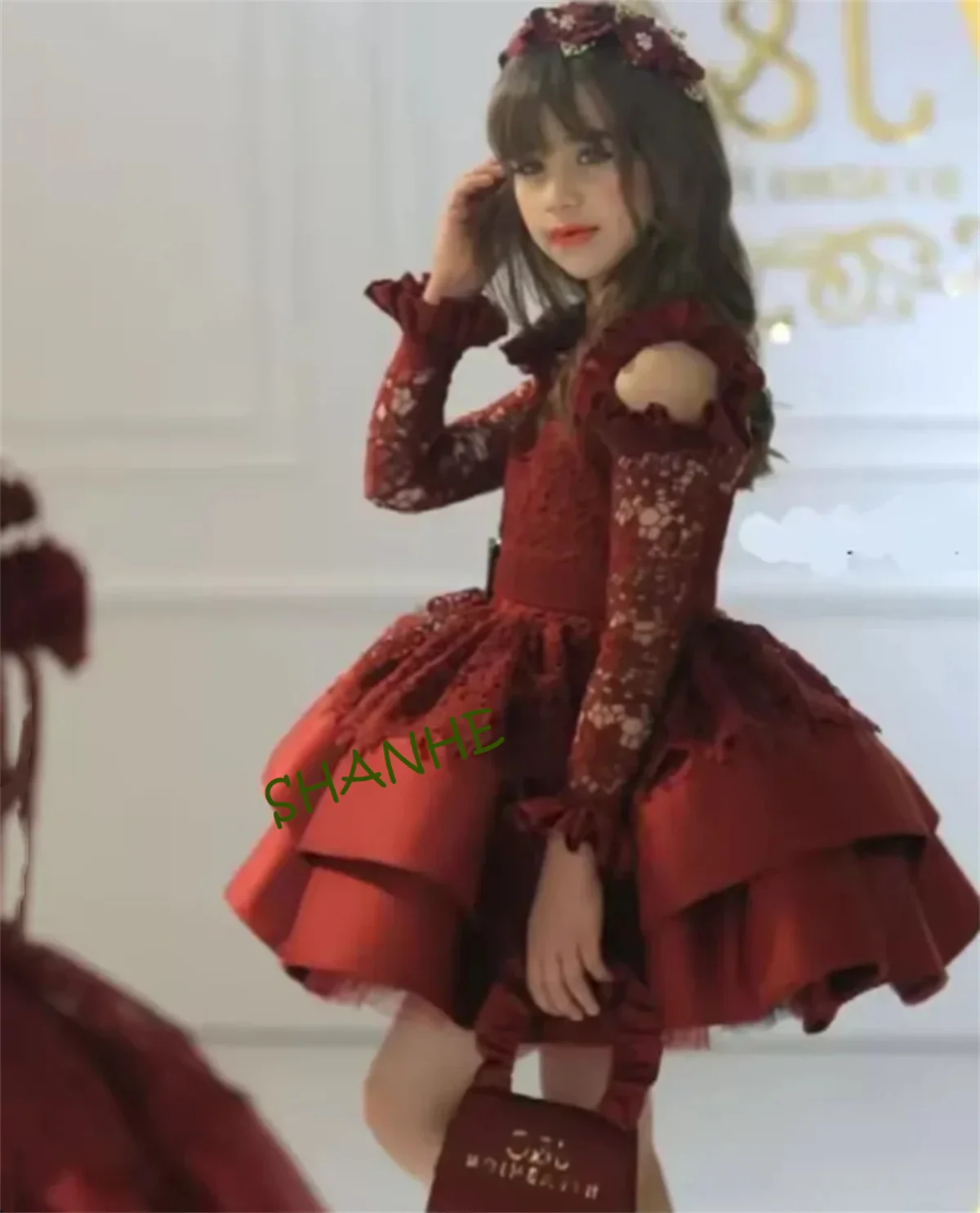 

CustomizedFlower Girl Dress For Cute Communion Girl Princess High Neck with Illusion Sleeve Lace Corest Fluffy Skirt Ball Gown F