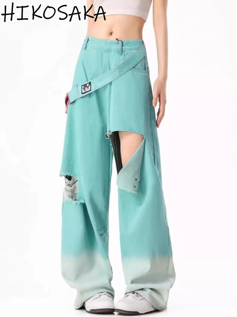 Gradient Broken Hole Denim Jeans High Wasit Straight Loose Wide Leg Trousers Y2k Aesthetic Punk E-girls Pantalones Femininos