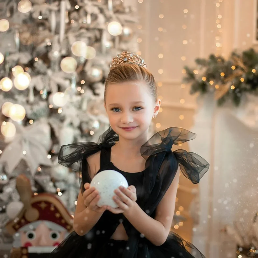 Schwarzes Schwan-Ballettmädchen, mehrlagiger Tüll, flauschiges, ärmelloses Blumenmädchenkleid für die Hochzeit, individuelle formelle Ballkleidung für Klavierauftritte