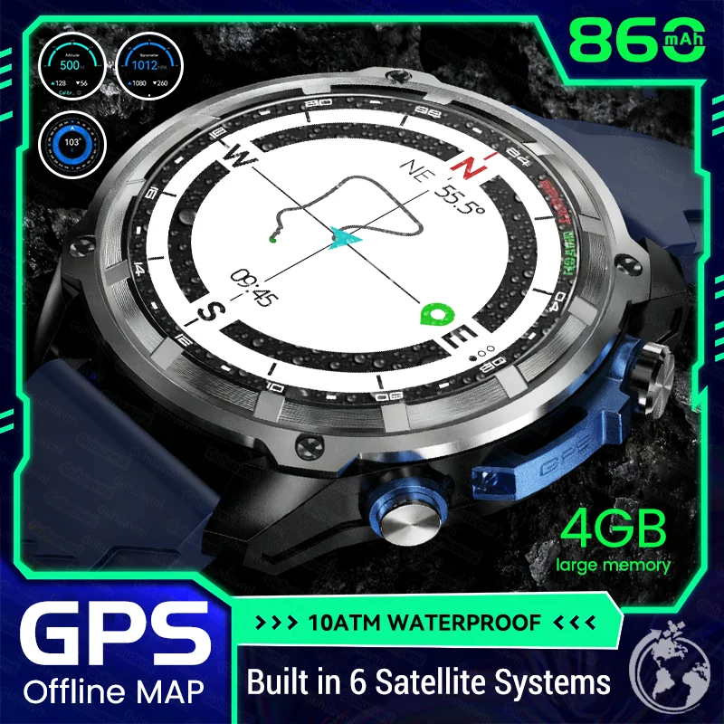 

New Men Outdoor Adventure GPS Offline Map Smart Watch Compass 4GB Memory 860mAh Battery Bluetooth Call 10ATM Waterproof Watches