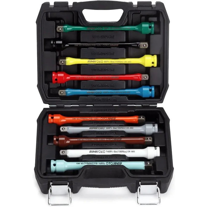 

1/2" Drive Torque Limiting Extension Bar Set, 10-Piece Impact Torque Limiter Set with 8 Inch Color-Coded CR-MO Torque Sticks