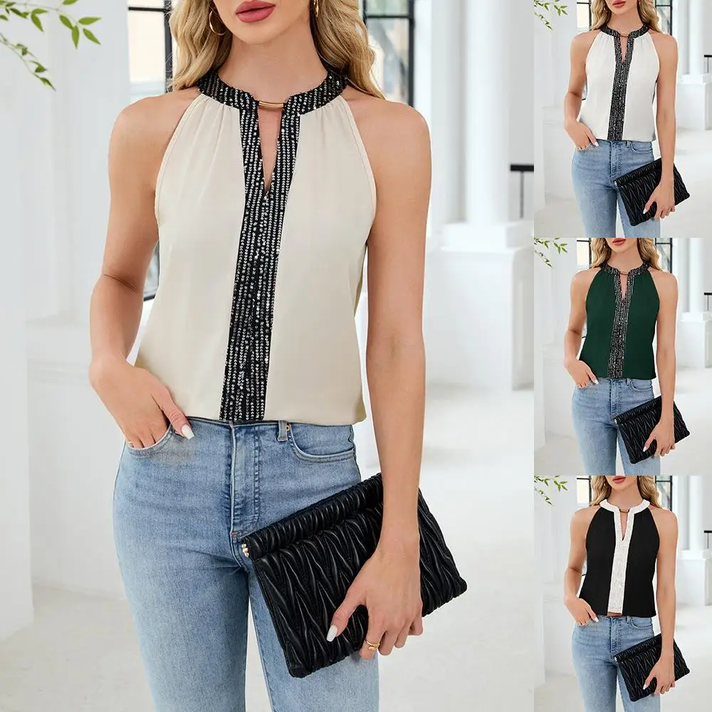 

Женский топ в стиле пэчворк с блестками, висящий топ без рукавов, повседневная полиэстеровая ткань без бренда, зарегистрированная торговая марка