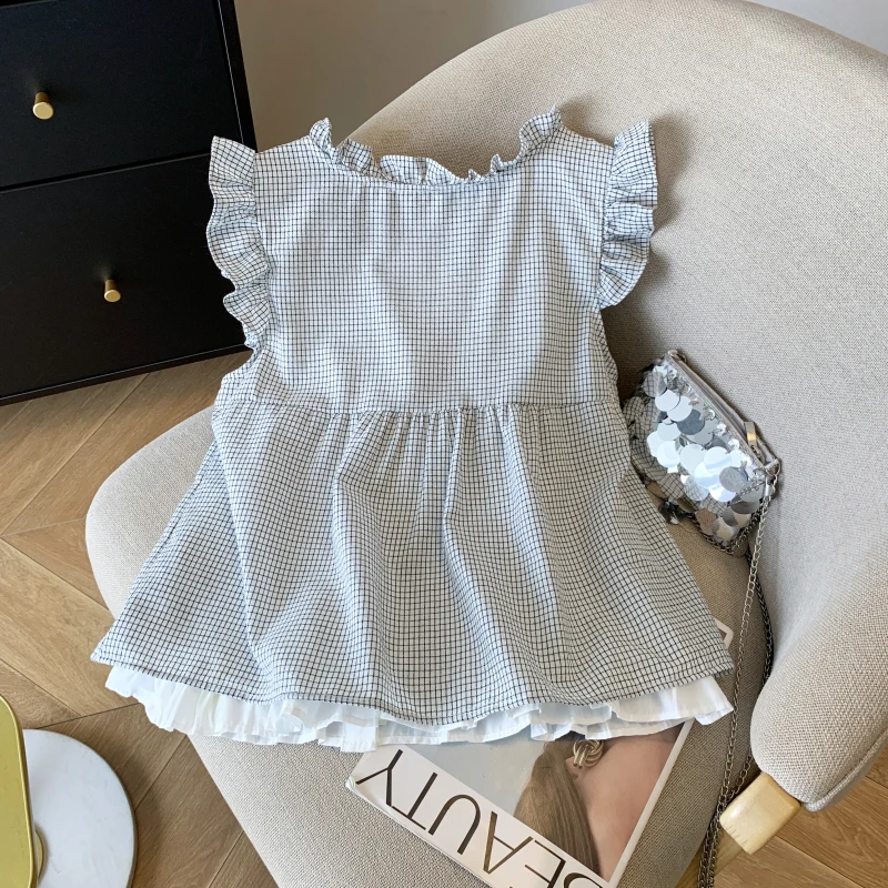 الكورية الحلو Cottagecore قميص بدون أكمام المرأة الأزرق منقوشة كشكش تقليم التعادل الجبهة وهمية قطعتين بيبي دول بلوزة مع بطانة الدانتيل