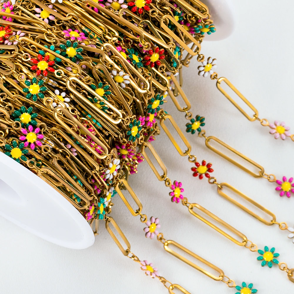 

1Meter Daisy Flower Stainless Steel Chain Enamel Flower Beaded Charm Chains for Jewelry Making Necklace Bracelet DIY Supplies