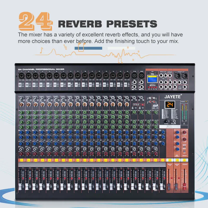 Pro Audio Interface Mixer Sound Equipment Speaker 24 Channel USB Live Stage Studio Audio Mixer Mixing DJ Console Stereo BT
