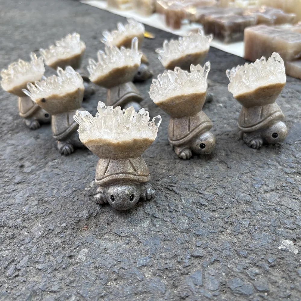 Natural Crystal Cluster Turtle Figurine - Gemstone Raw Mineral Tortoise Statue Tabletop Decor for Energy Healing and Feng Shui