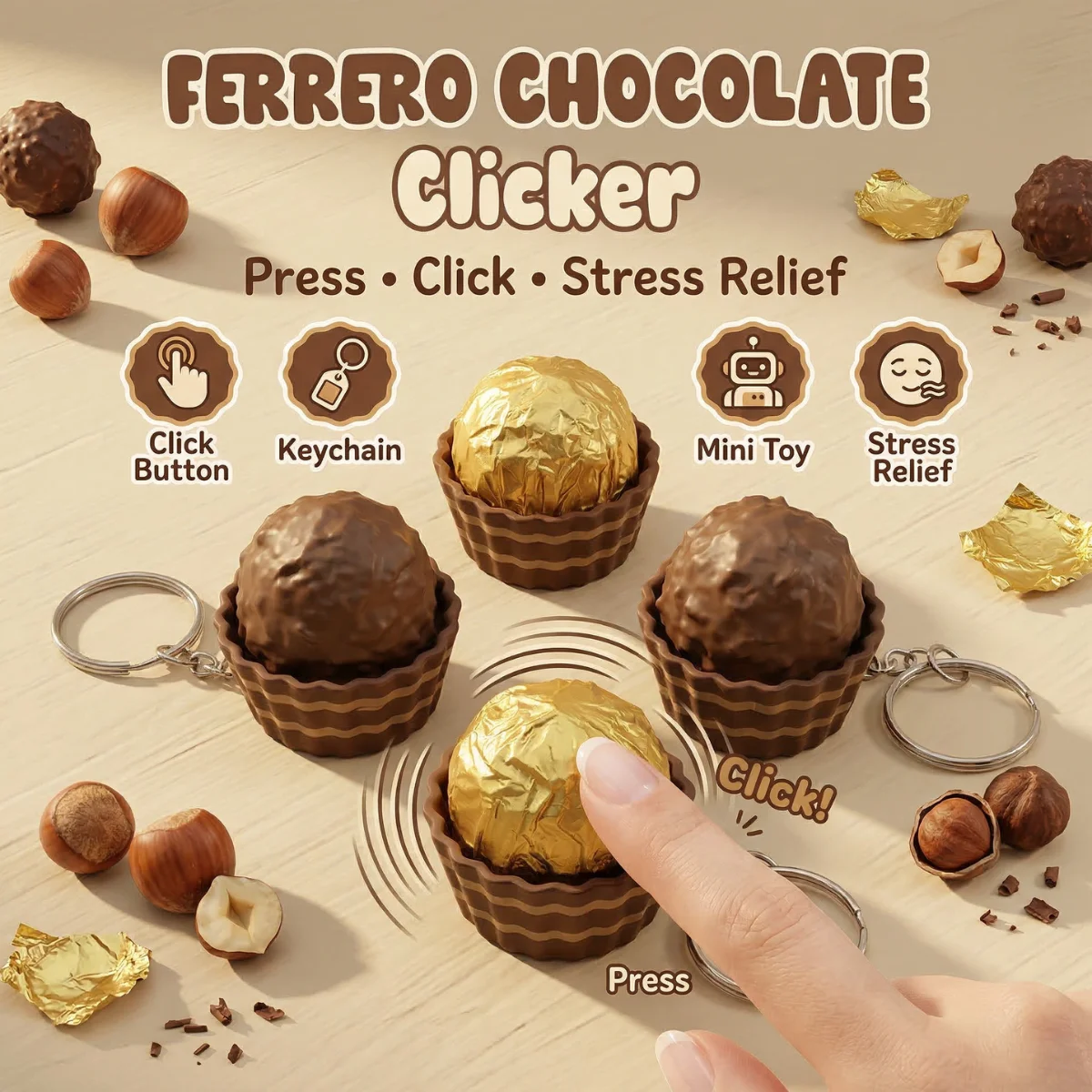 1PC Press Click Chocolate Keychain Set, Plastic Ferrero Style Fidget Button Keyring with Gift Key Rings, Cute Brown and Gold Cho