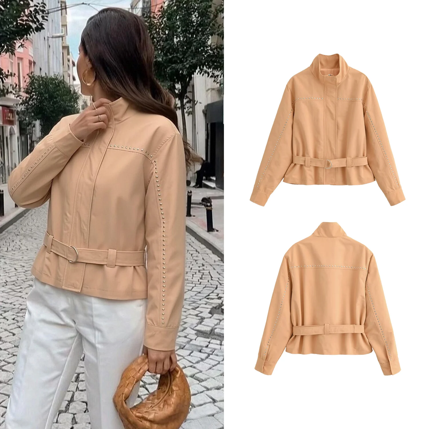 Stand Collar Zip Up Jacket Metal Rivet Decor Long Sleeve Self Belt Waist Cinched Cropped Casual Windbreaker Outerwear 20260602