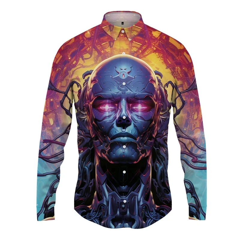 Mechanical Person 3D Printed Lapel Men Shirt MenWomen Casual Fashion Long Sleeves Shirts Button Tops Oversized Unisex Clothing