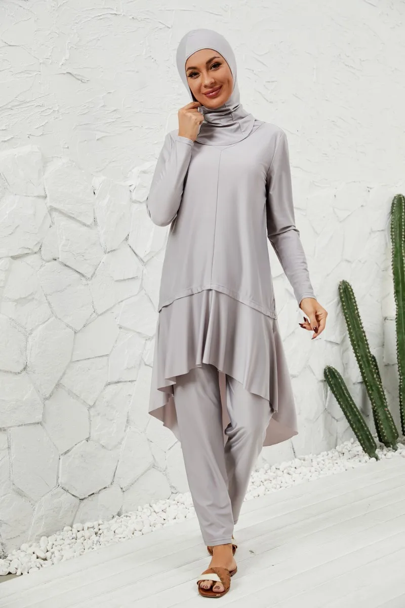 

Женский мусульманский купальник из 3 предметов: исламский купальный костюм с полным покрытием, платье, хиджаб, брюки с высокой талией, скромный комплект для плавания 2026