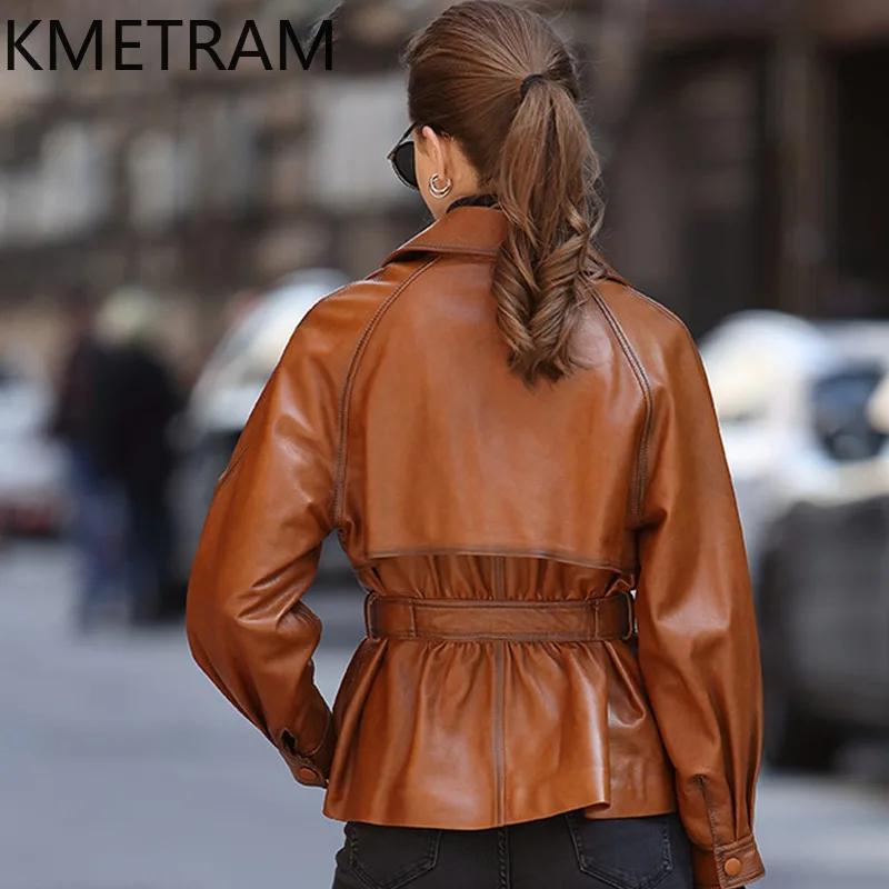 Veste en cuir véritable 100% peau de mouton pour femme, vestes courtes de luxe avec ceinture, mode automne, vêtements d'hiver, 2024