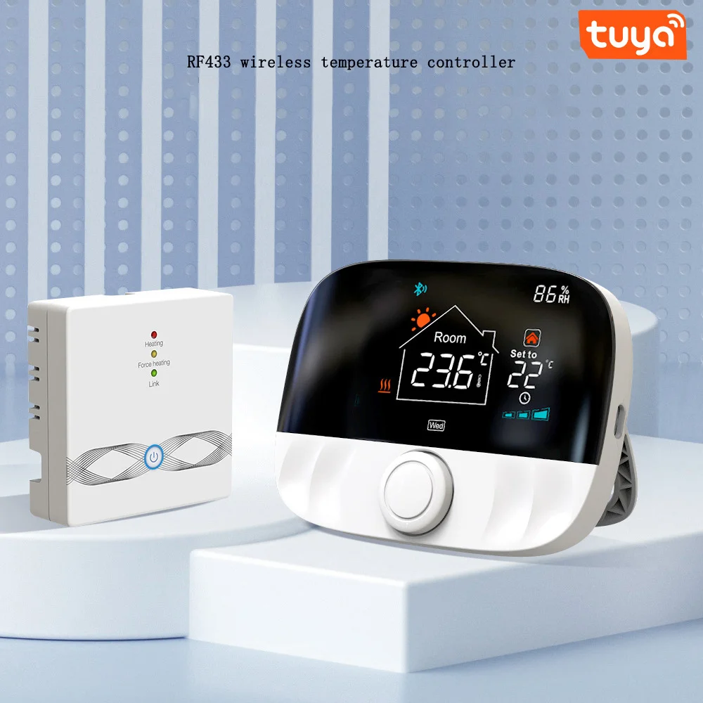 

Tuya RF433 Wireless Temperature Controller Wiring Free Gas Wall Mounted Furnace Thermostat Programmable Child Lock Energy Saving