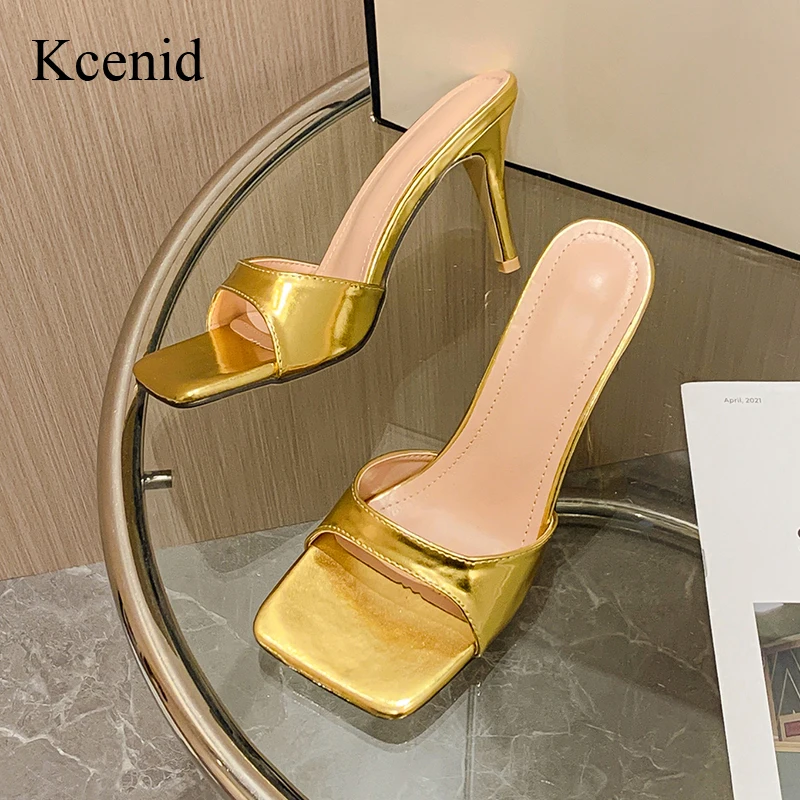 

Kcenid Summer 8CM Thin High Heels Slippers For Women Fashion Square Toe Shallow Slides Shoes Beach Gladiator Sandals Gold Silver