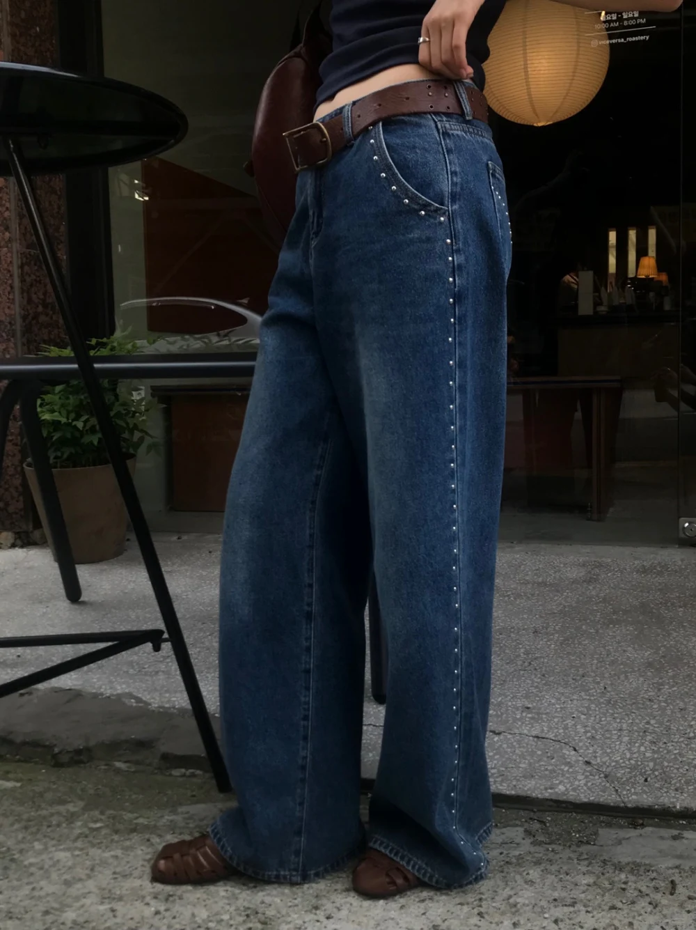 SML – pantalon en Denim pour femmes, 2 couleurs, rétro Chic, taille haute, coupe ample, perles décoratives, embellissement lourd, Long polyvalent, automne