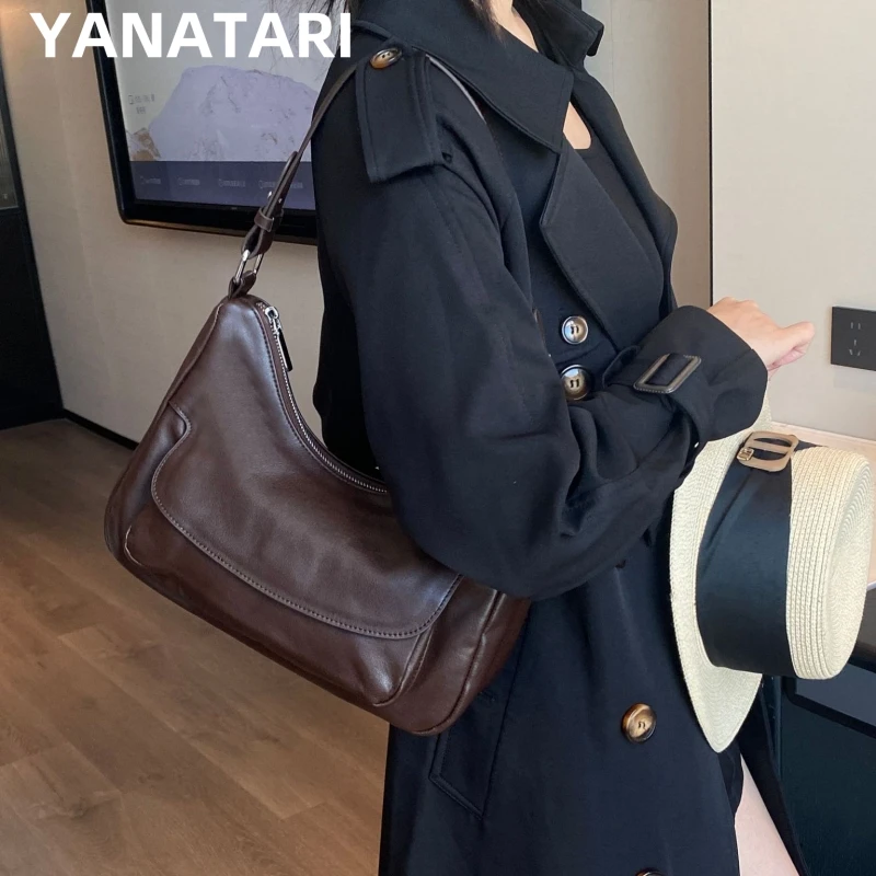 YANATARI underarm cowhide Genuine leather handbags women vintage shoulder bag female coffee bag luxury bag high quality 2024