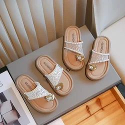 Summer Children Fashion Girls Slippers Sweet Pearl Elegant Princess Shoes Versatile Soft Kids Home Flip-flops Open-toe Slippers